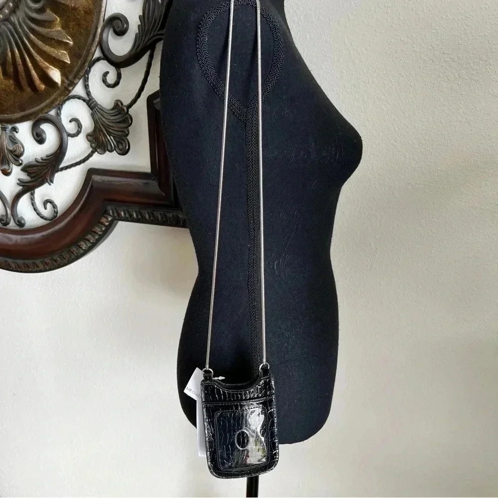Liz Claiborne Phone & ID Holder Black Reptile Patent Vegan Leather Crossbody
